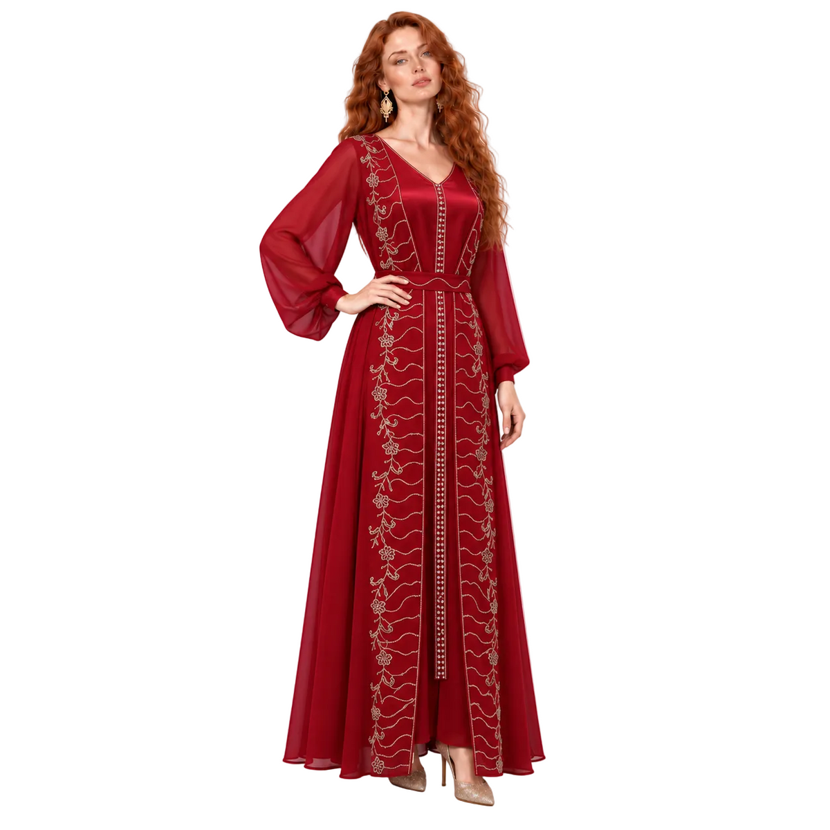 Elegant Burgundy Gold Embroidered Kaftan Lebaran