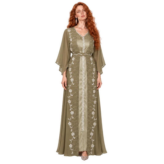 Elegant Khaki Floral Embroidered Kaftan Lebaran