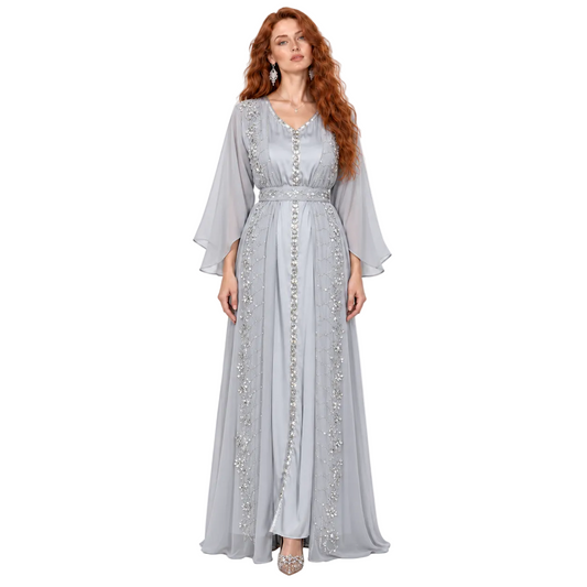 Elegant Silver Grey Embellished Kaftan Lebaran