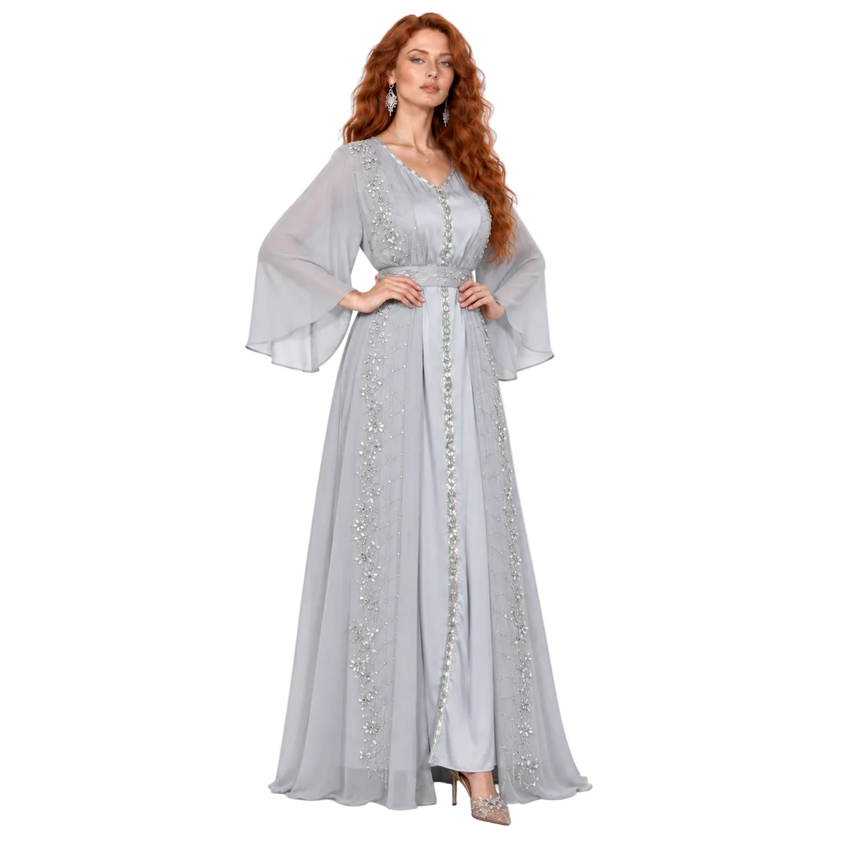 Elegant Silver Grey Embellished Kaftan Lebaran