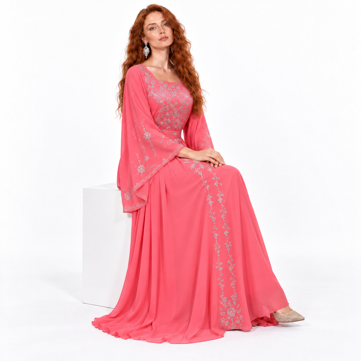 Coral Pink Silver Embroidered Kaftan Lebaran