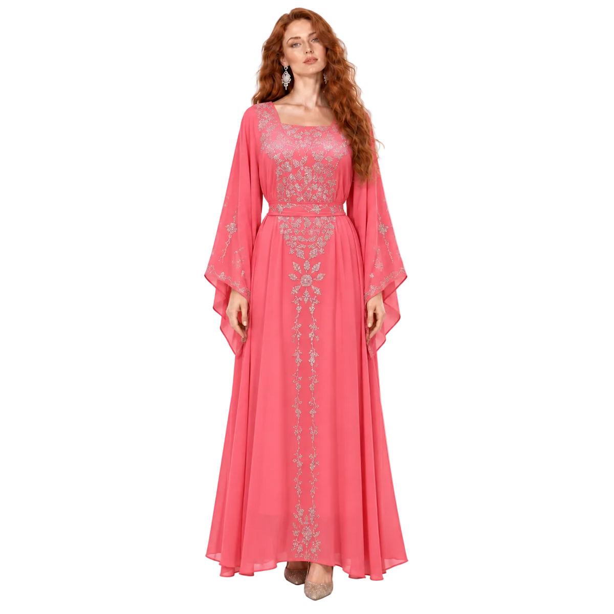 Coral Pink Silver Embroidered Kaftan Lebaran