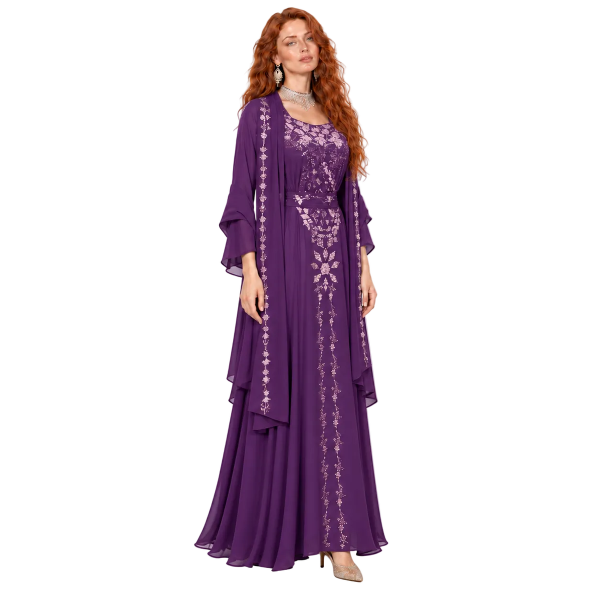 Elegant Purple Floral Embroidered Kaftan Lebaran