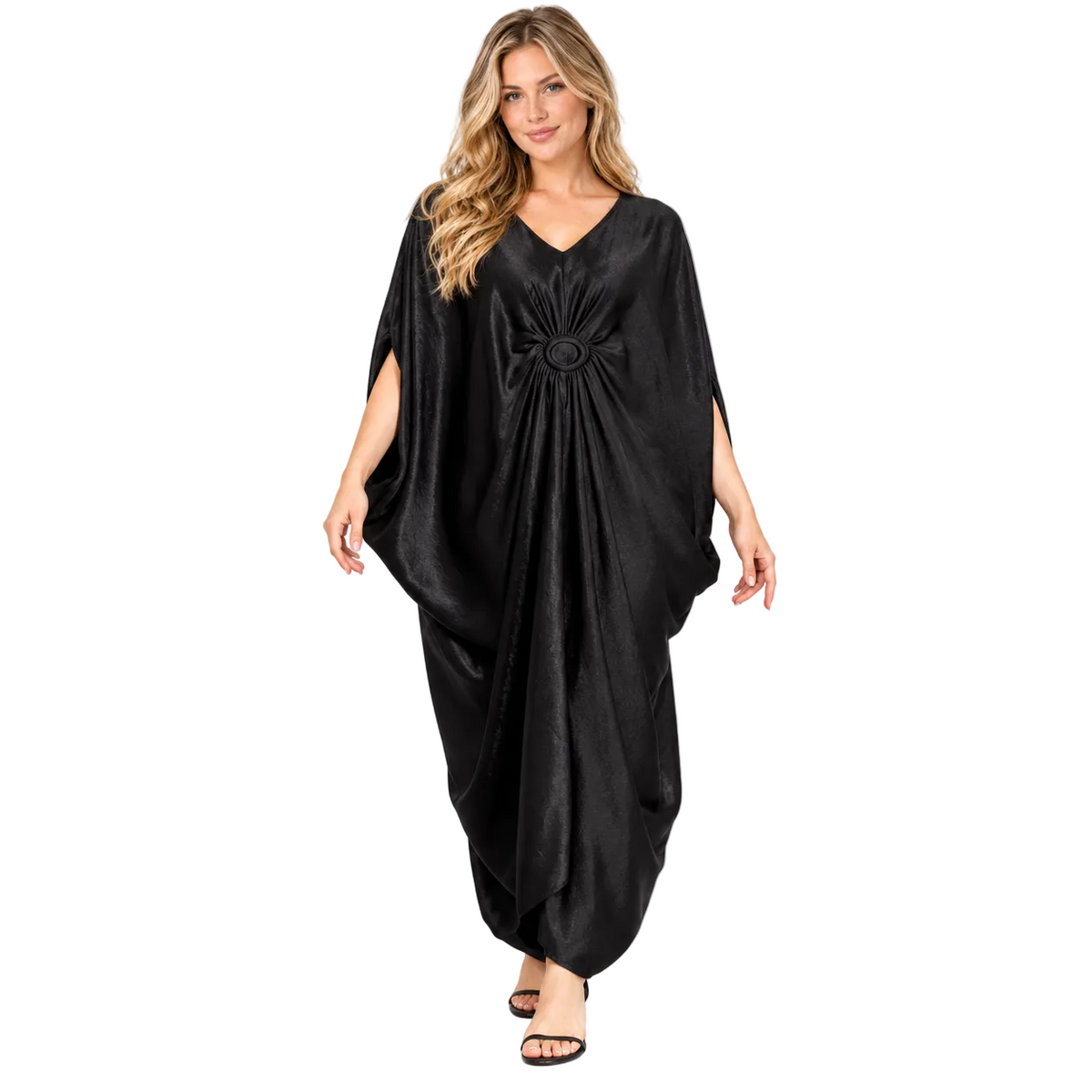 Elegant Black Draped Silk Satin Kaftan