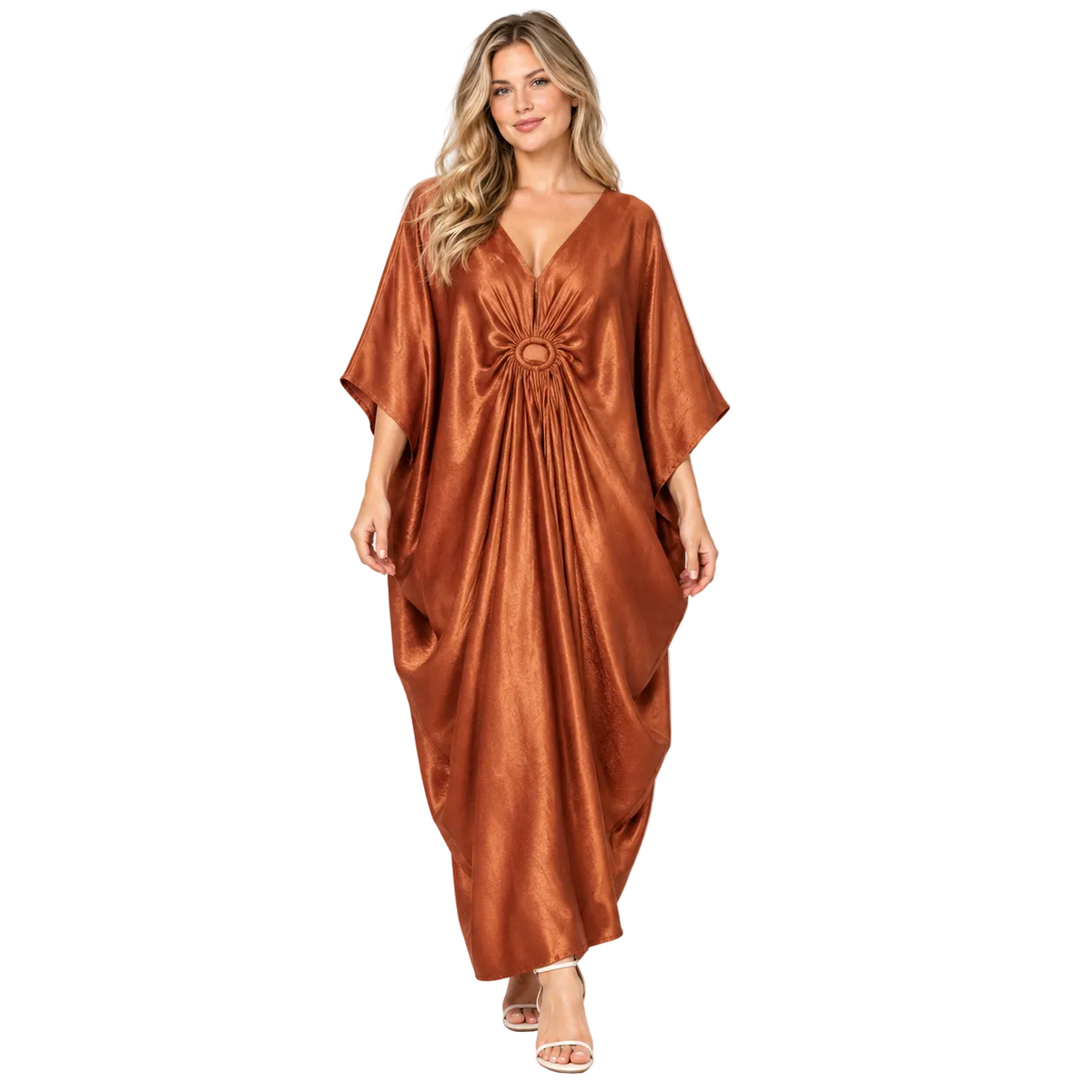 Copper Brown Draped Silk Satin Kaftan