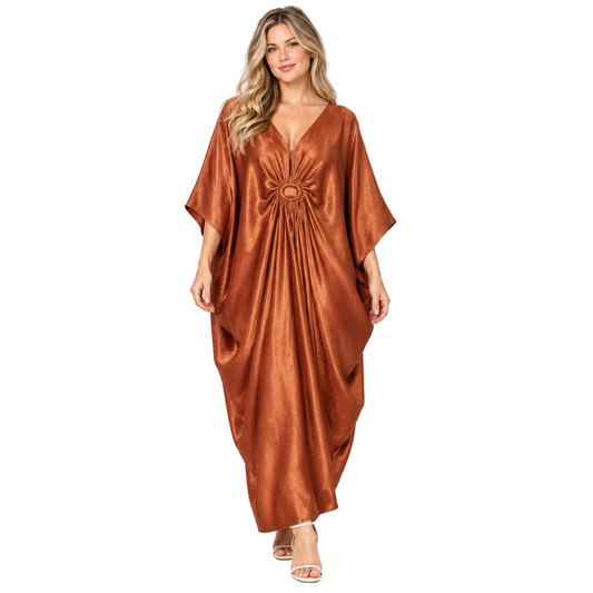 Copper Brown Draped Silk Satin Kaftan