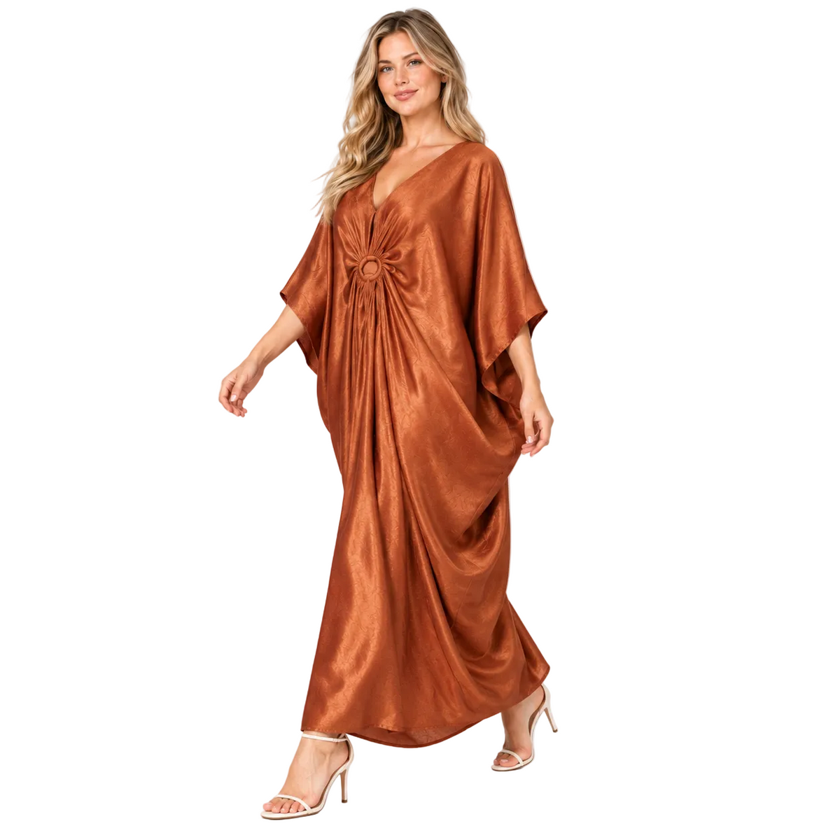 Copper Brown Draped Silk Satin Kaftan