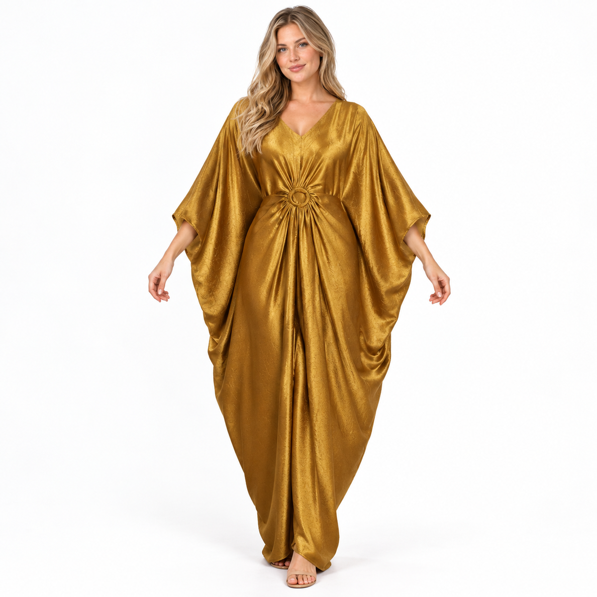 Mustard Gold Draped Silk Satin Kaftan