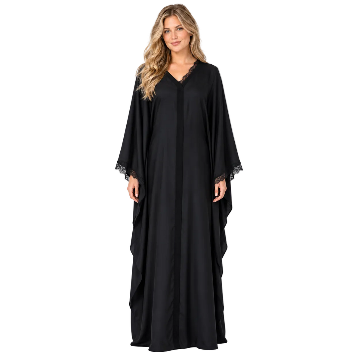 Black Lace Trim Silk Satin Kaftan