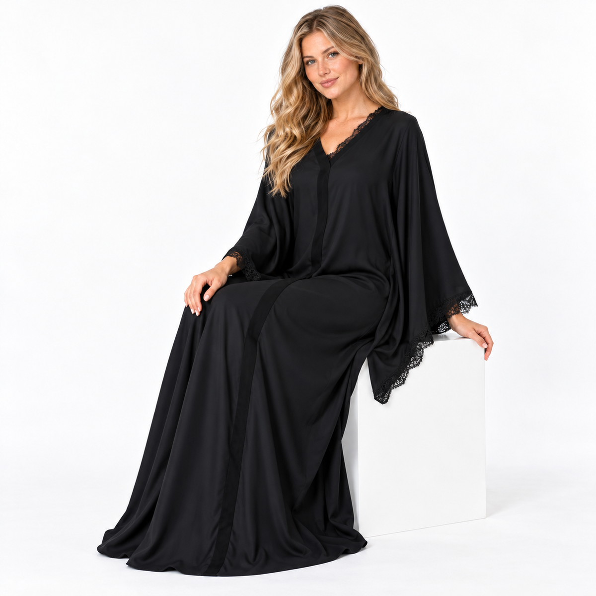 Black Lace Trim Silk Satin Kaftan