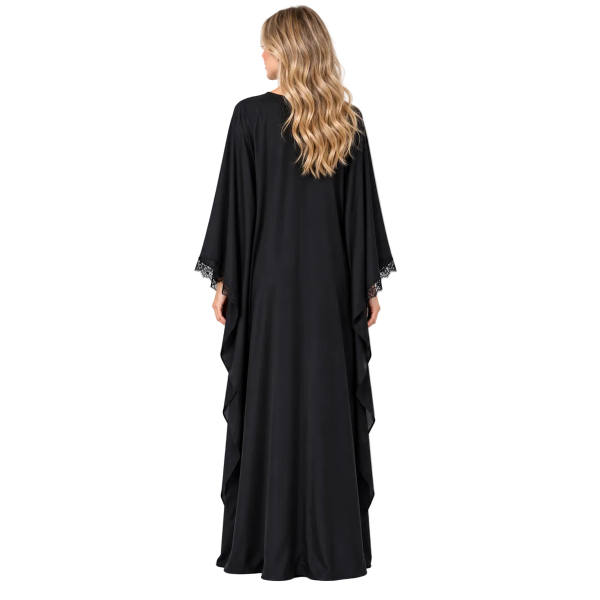 Black Lace Trim Silk Satin Kaftan