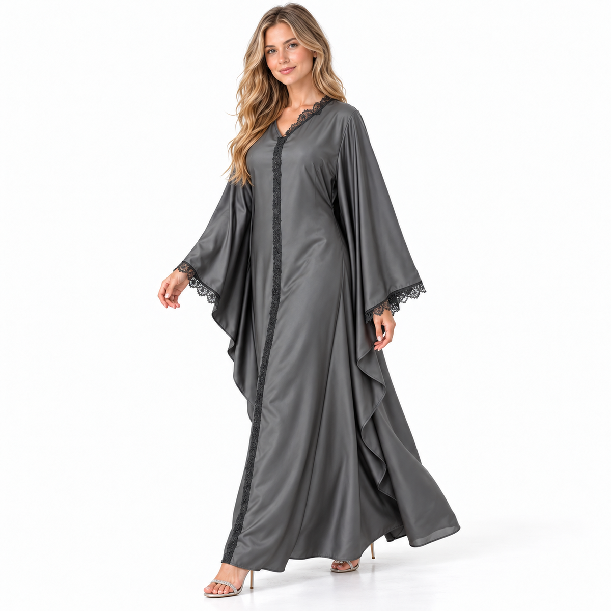 Grey Lace Trimmed Silk Satin Kaftan