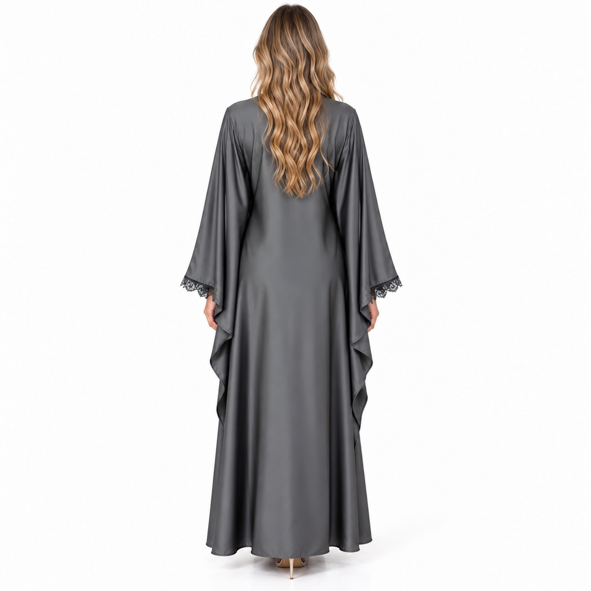 Grey Lace Trimmed Silk Satin Kaftan