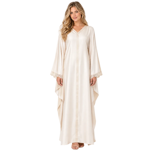 Elegant Ivory Lace Trim Silk Satin Kaftan