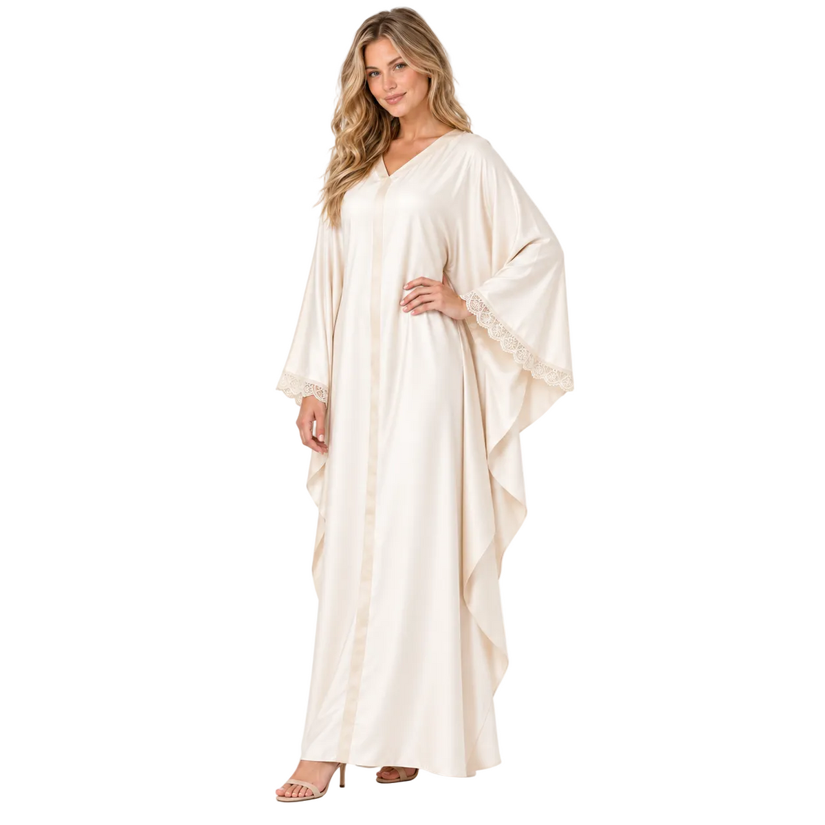 Elegant Ivory Lace Trim Silk Satin Kaftan