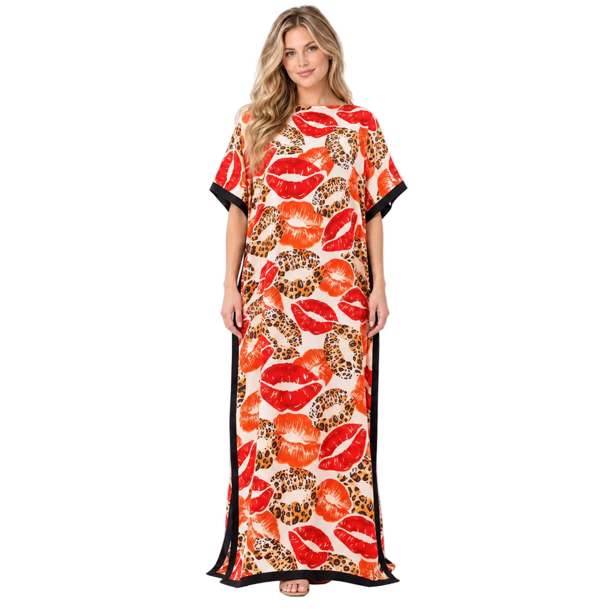 Tangerine Leopard Lip Print Silk Satin Kaftan