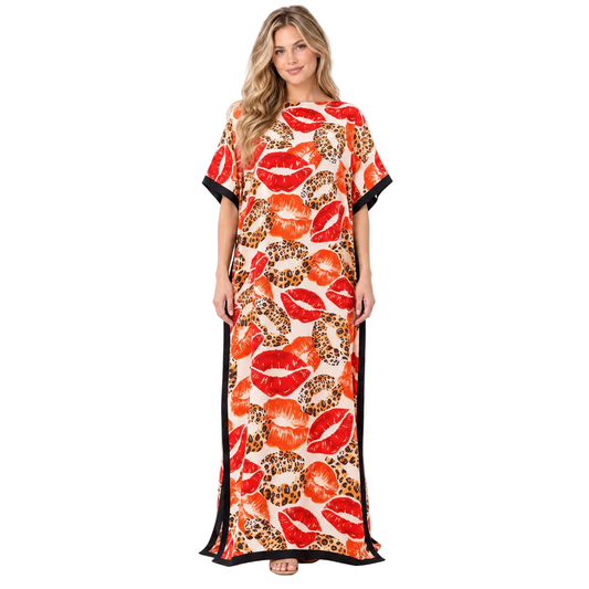 Tangerine Leopard Lip Print Silk Satin Kaftan