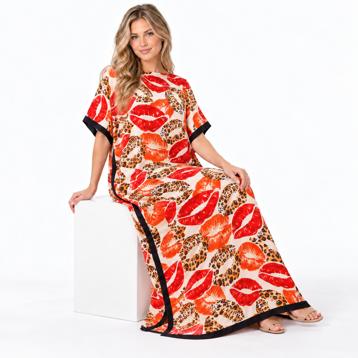 Tangerine Leopard Lip Print Silk Satin Kaftan