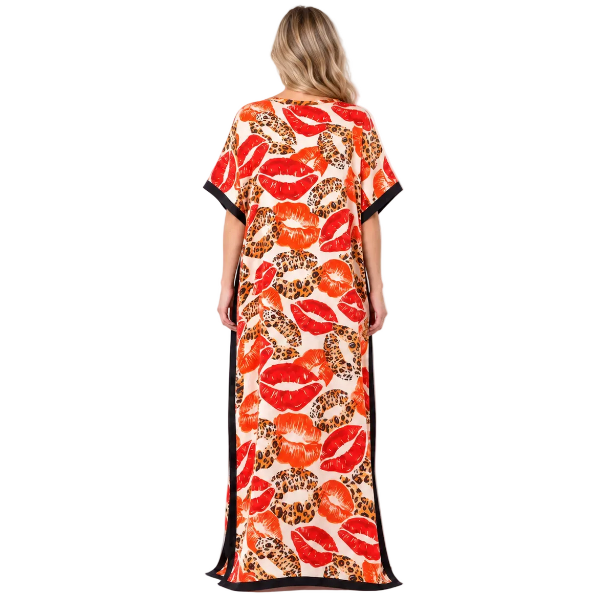 Tangerine Leopard Lip Print Silk Satin Kaftan