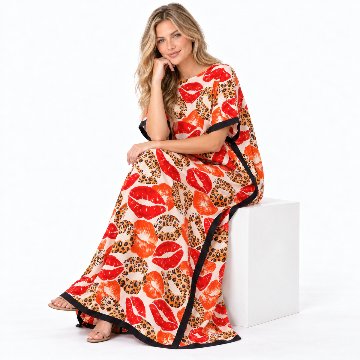 Tangerine Leopard Lip Print Silk Satin Kaftan