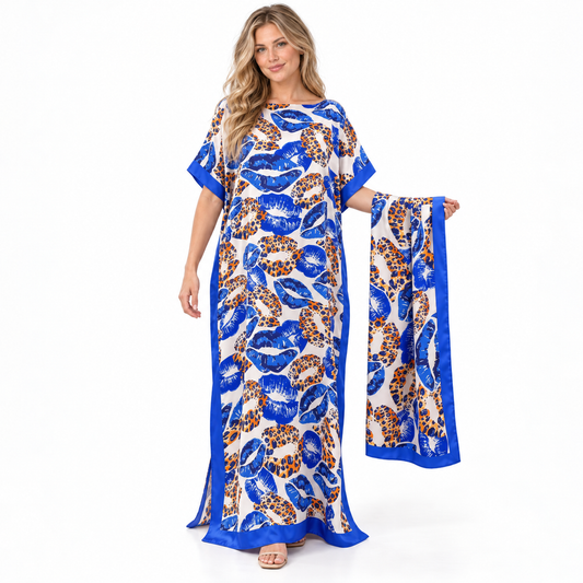 Blue Leopard Print Silk Satin Kaftan