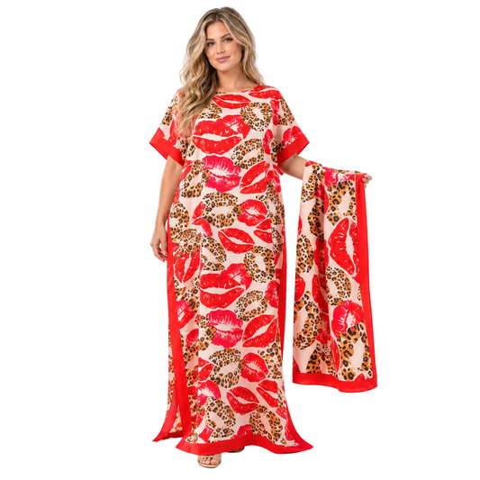 Red Lip Print Silk Satin Kaftan