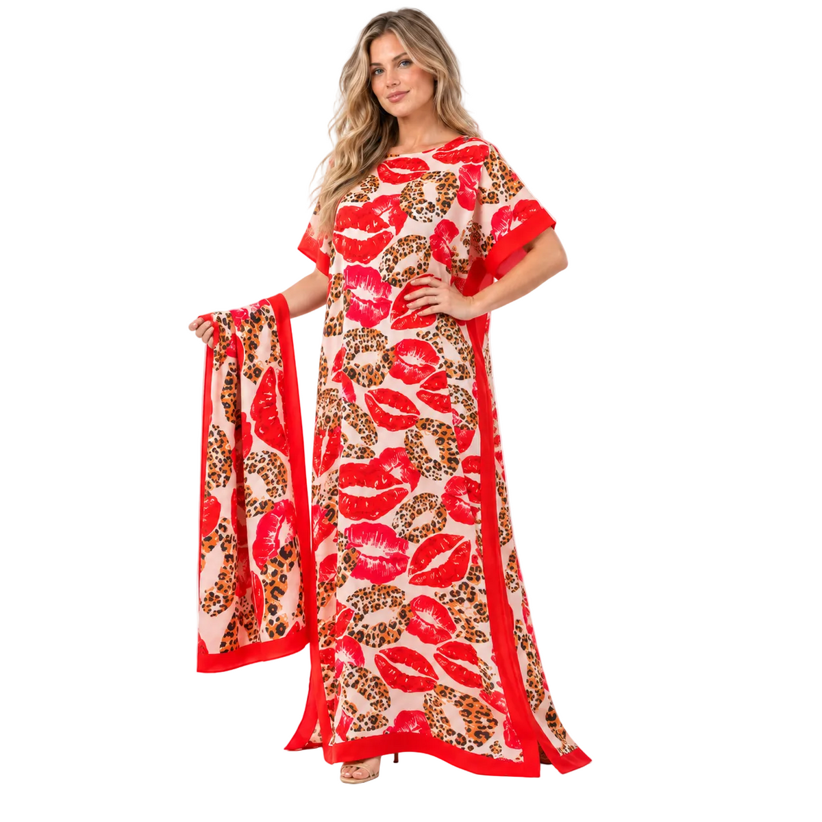 Red Lip Print Silk Satin Kaftan