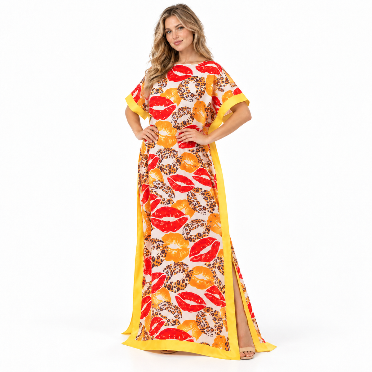 Yellow Leopard Print Silk Satin Kaftan