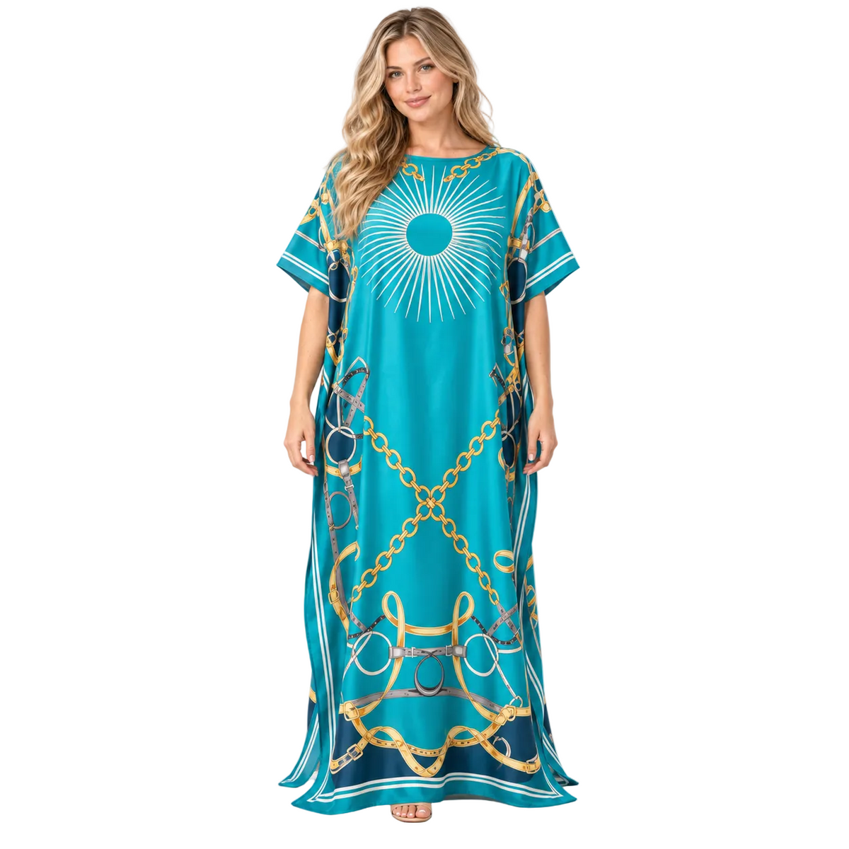 Sky Blue Gold Chain Silk Satin Kaftan
