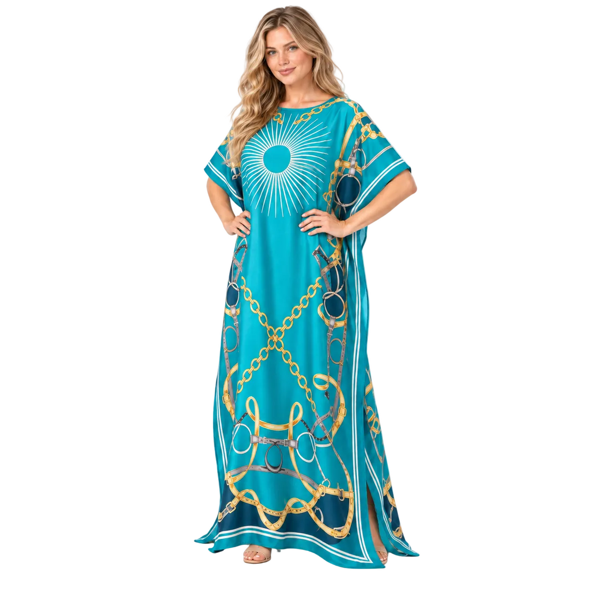 Sky Blue Gold Chain Silk Satin Kaftan