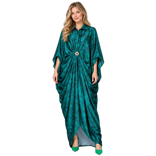 Emerald Green Draped Silk Satin Kaftan