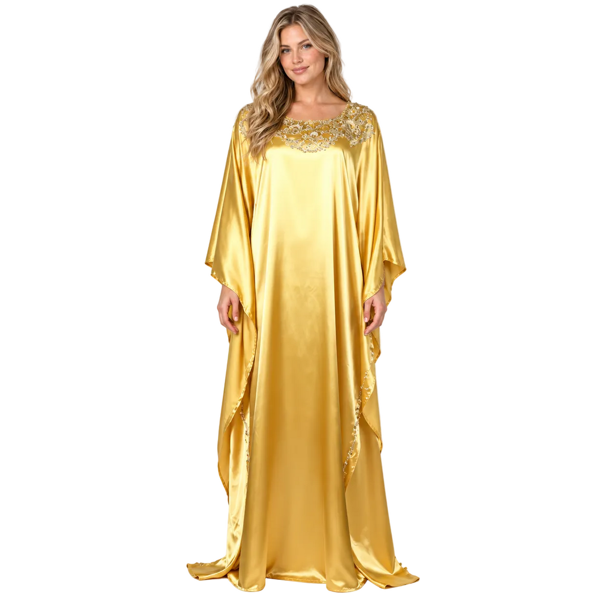 Golden Yellow Embroidered Silk Satin Kaftan