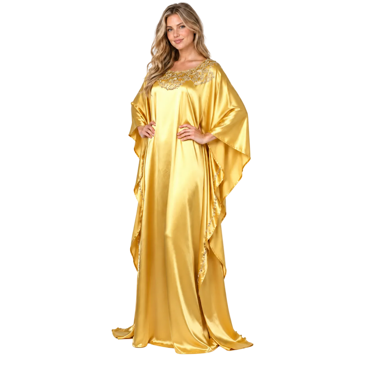 Golden Yellow Embroidered Silk Satin Kaftan