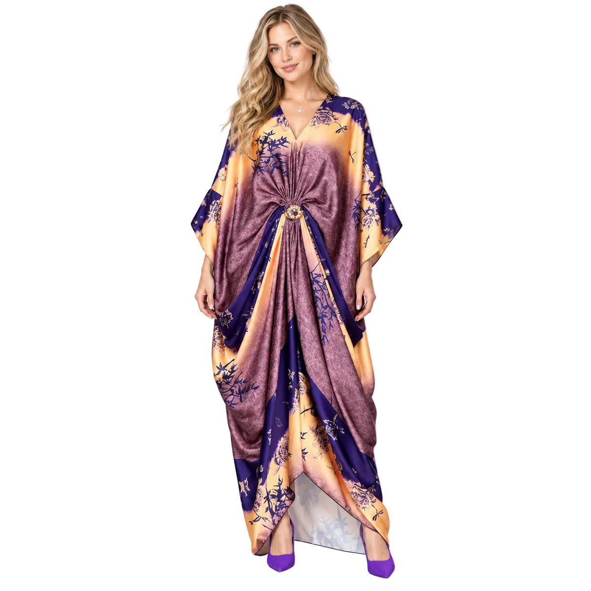 Purple Floral Draped Silk Satin Kaftan