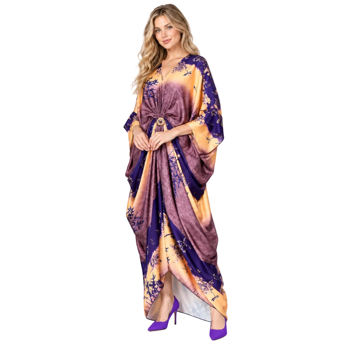 Purple Floral Draped Silk Satin Kaftan