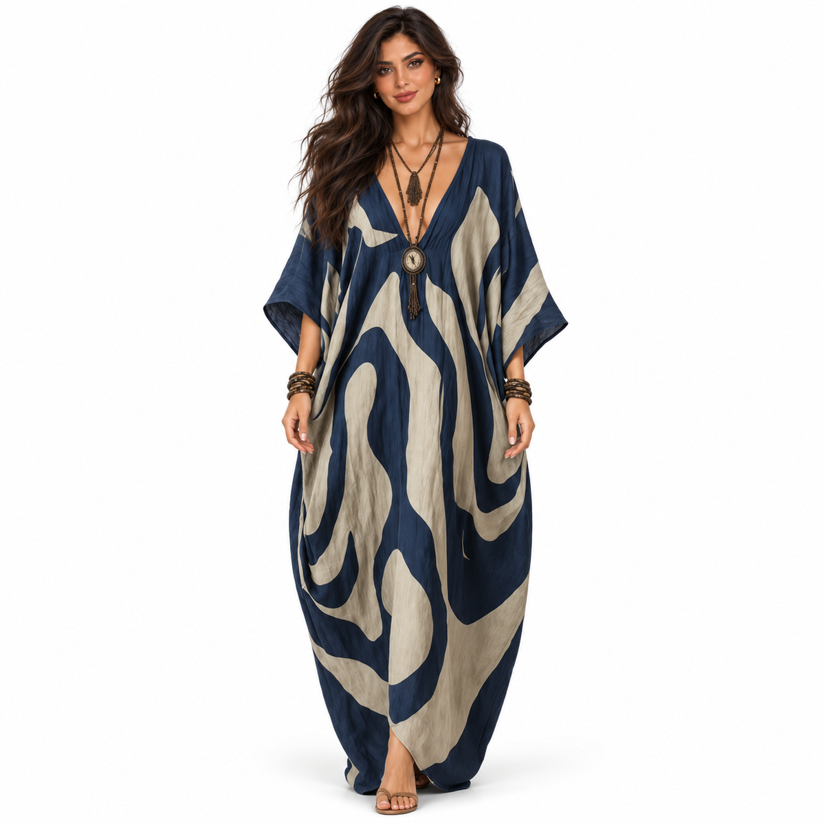 Elegant Navy Blue Abstract Linen Kaftan
