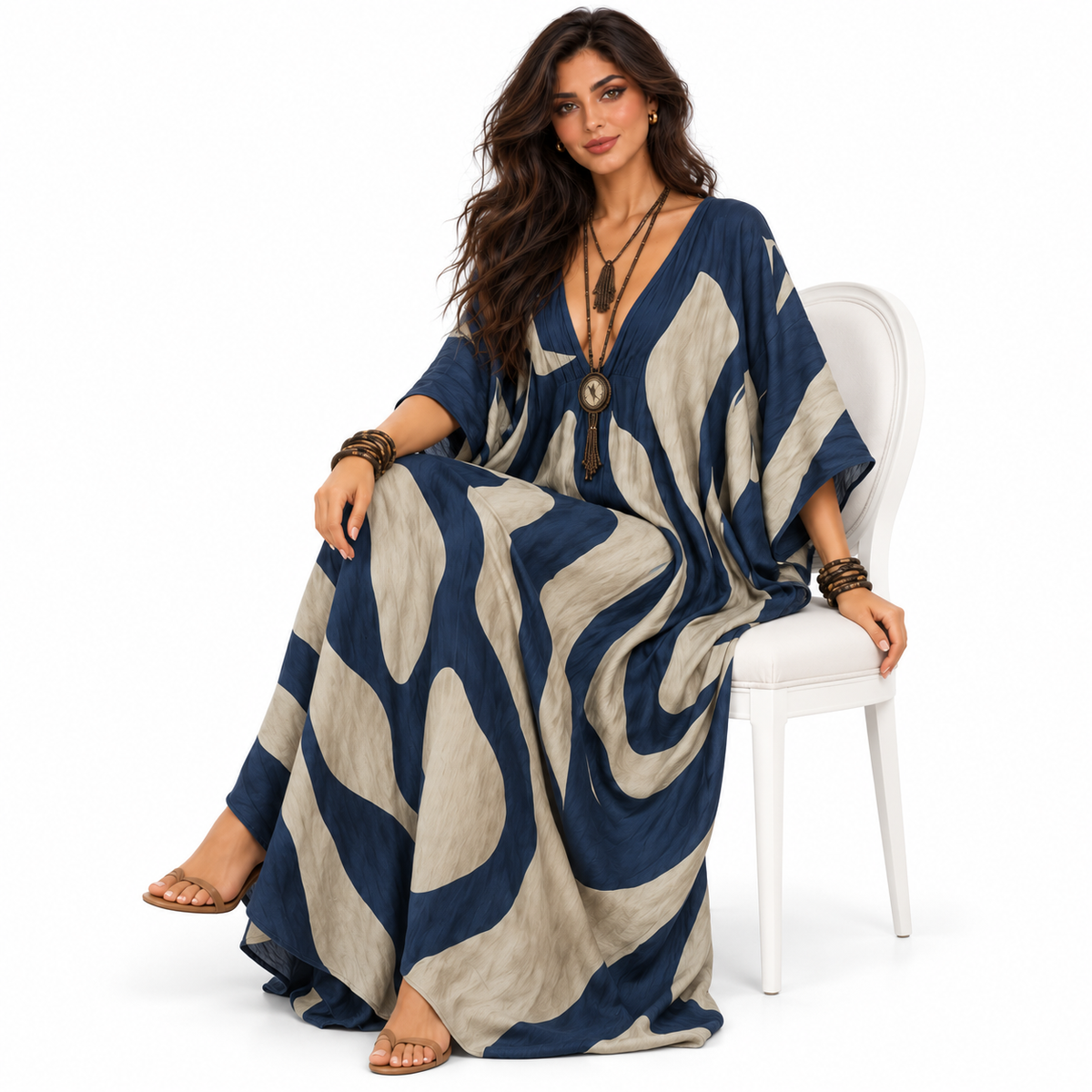 Elegant Navy Blue Abstract Linen Kaftan