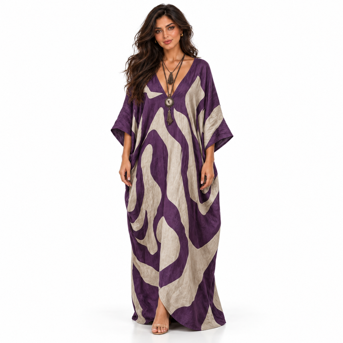 Purple Abstract Print Linen Kaftan Dress