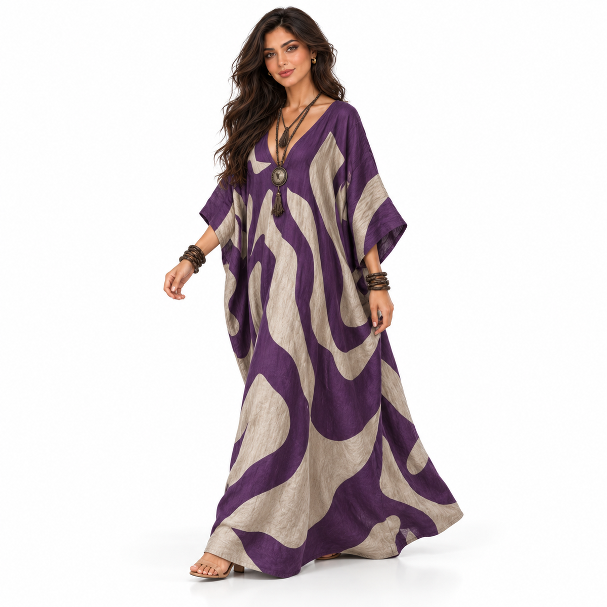 Purple Abstract Print Linen Kaftan Dress