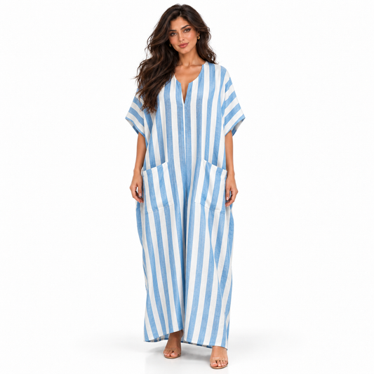 Blue White Striped Linen Kaftan Dress