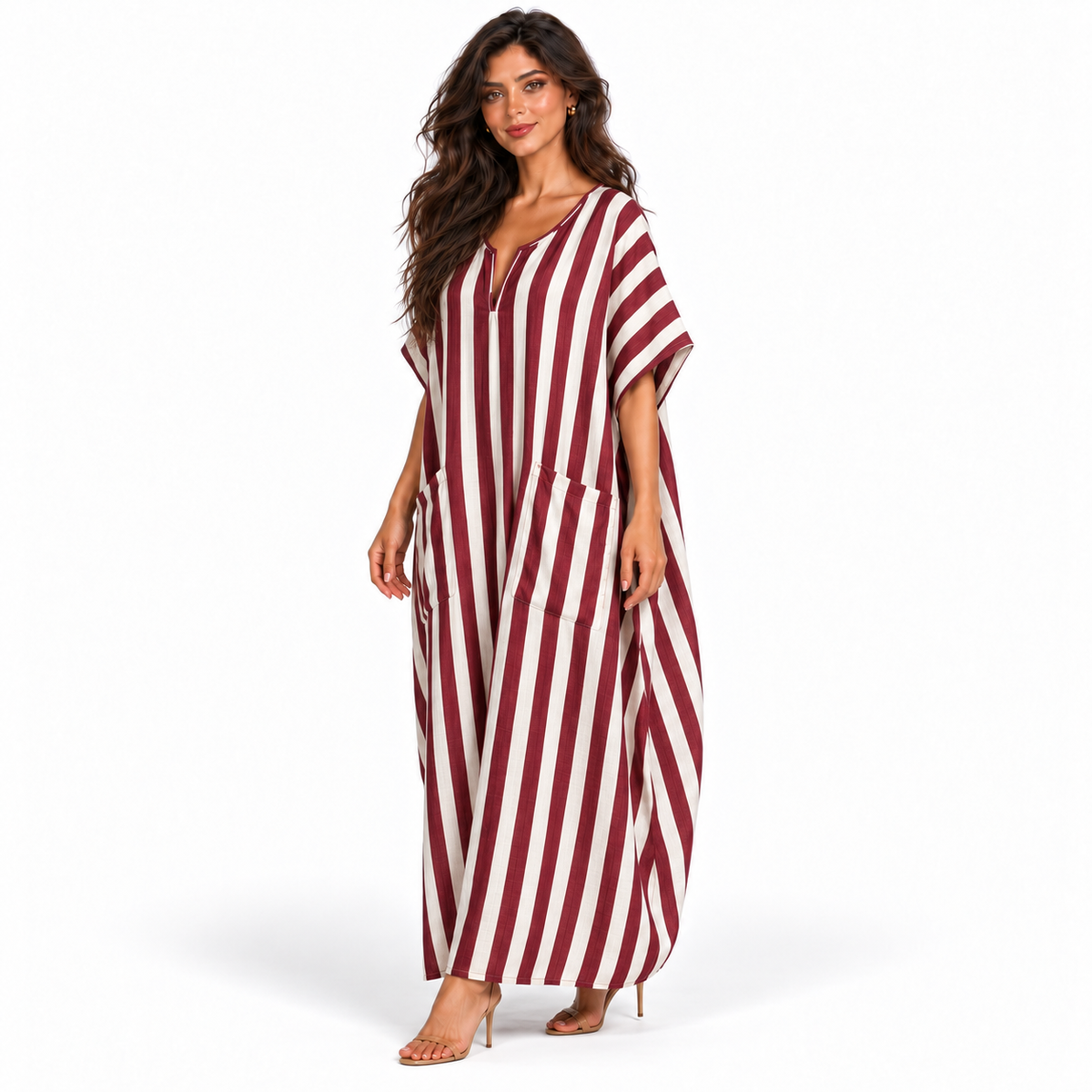 Elegant Burgundy Striped Linen Maxi Kaftan