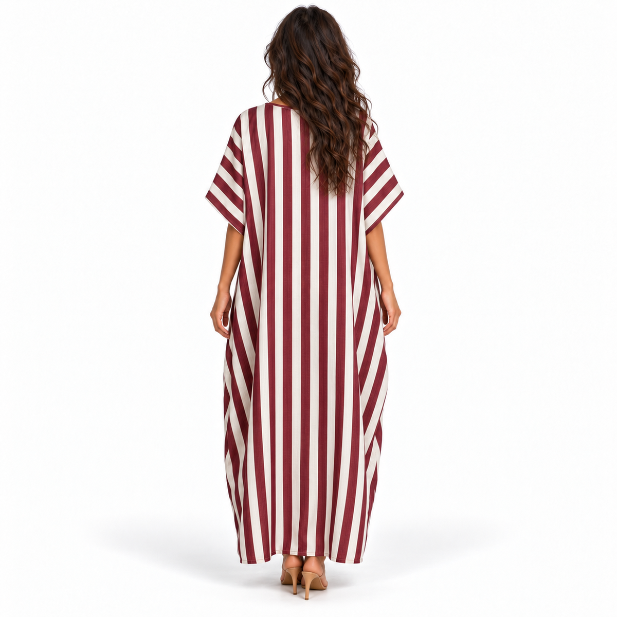 Elegant Burgundy Striped Linen Maxi Kaftan