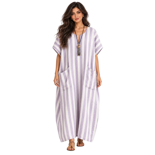 Elegant Lavender Striped Linen Kaftan Dress