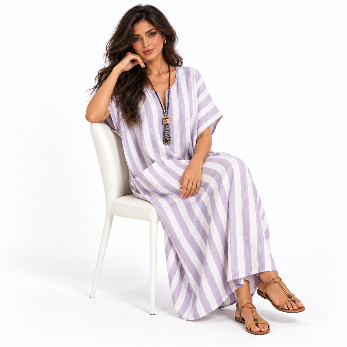 Elegant Lavender Striped Linen Kaftan Dress