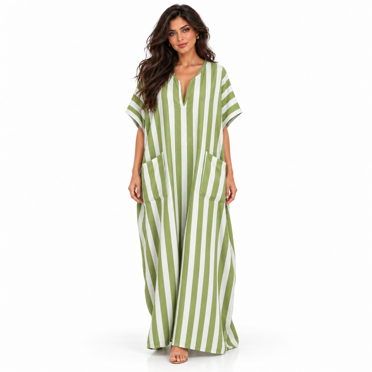 Olive Green Striped Linen Kaftan Dress