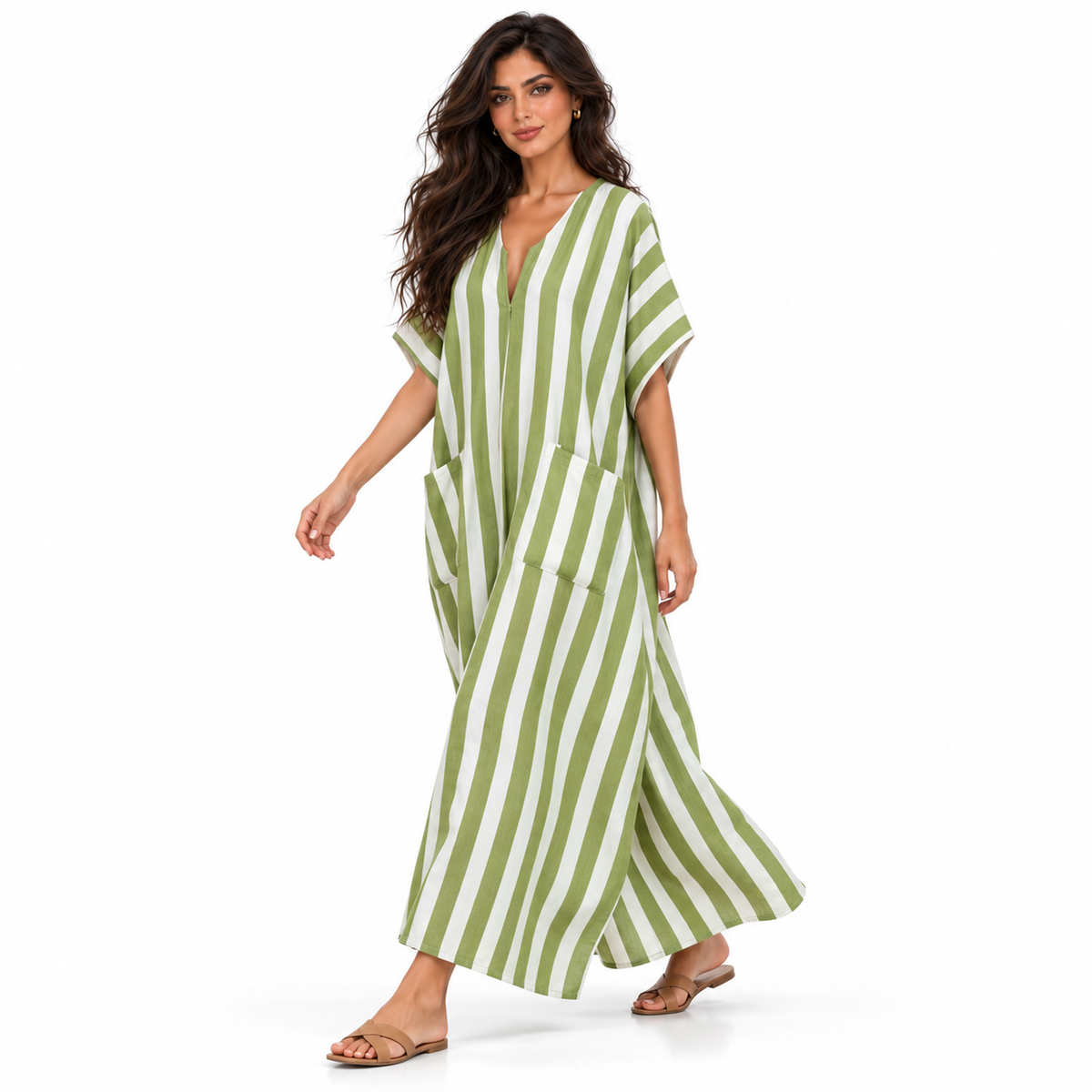 Olive Green Striped Linen Kaftan Dress