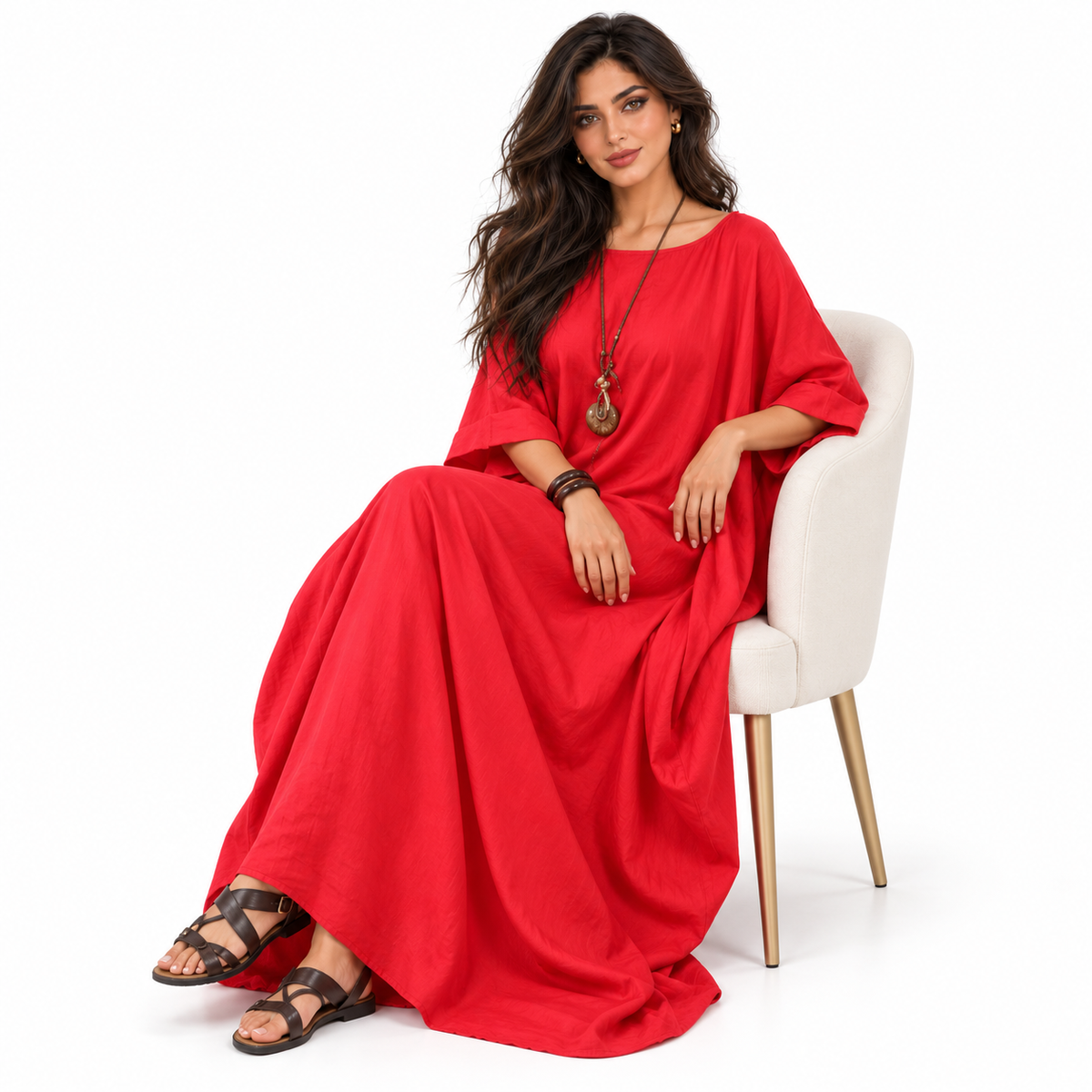 Elegant Red Cotton Linen Kaftan Maxi