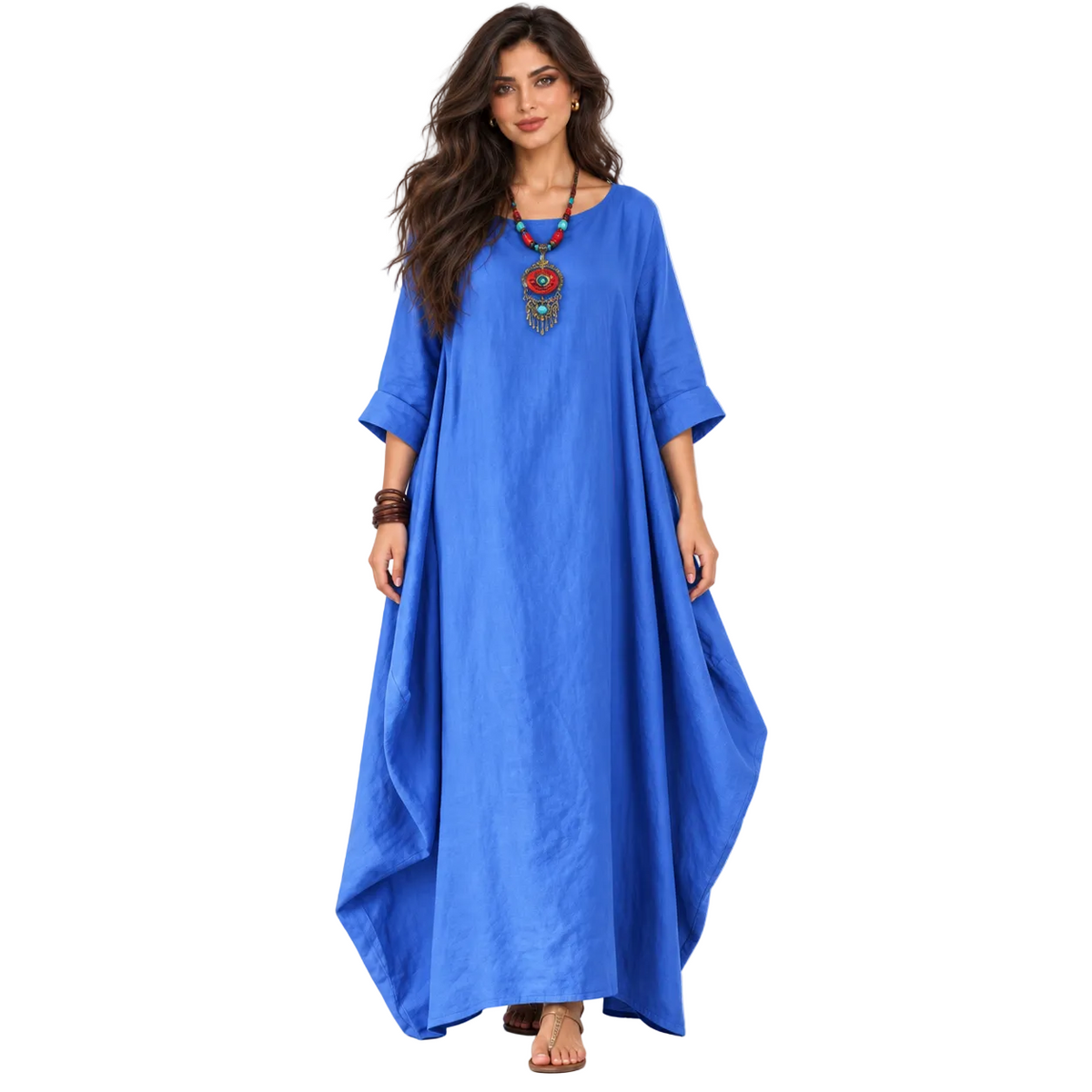 Elegant Royal Blue Cotton Linen Kaftan