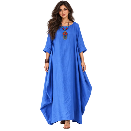 Elegant Royal Blue Cotton Linen Kaftan