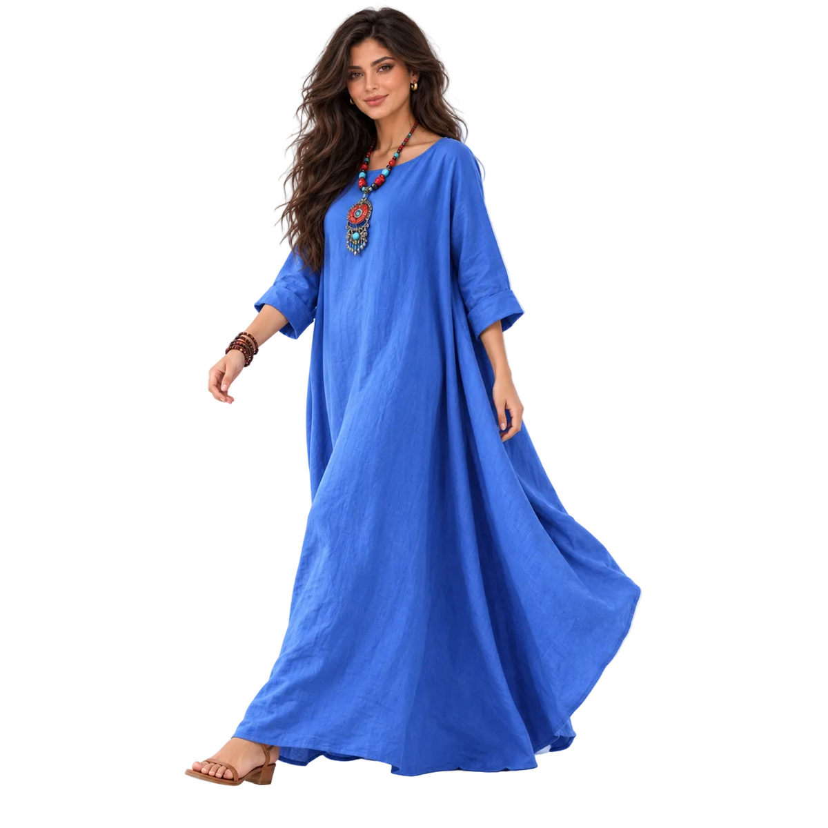 Elegant Royal Blue Cotton Linen Kaftan